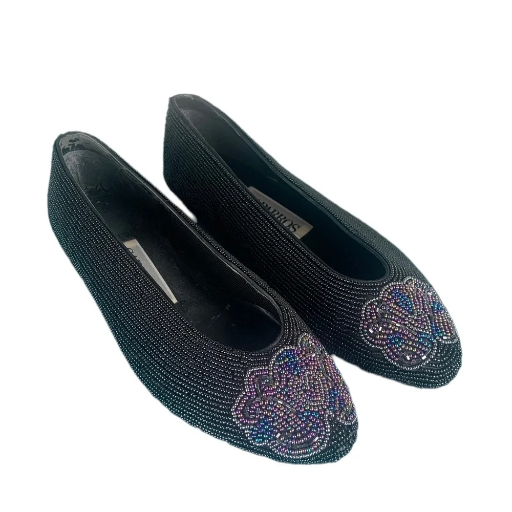 CAPARROS: Vintage Black Beaded Close Toed Espadrilles- Size 6